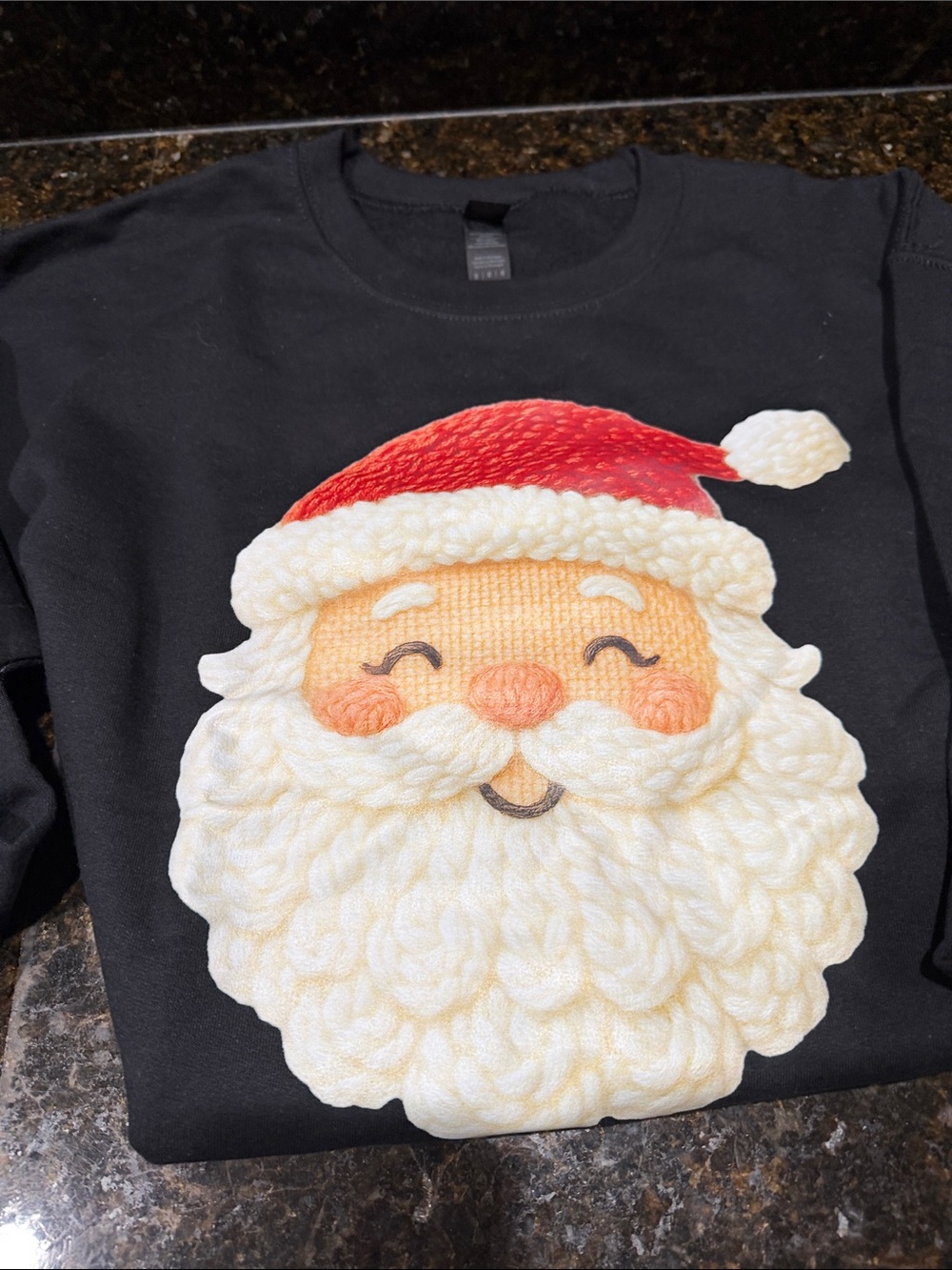 NWOT Gildan Black Crewneck with Red & Cream vinyl faux beard Santa